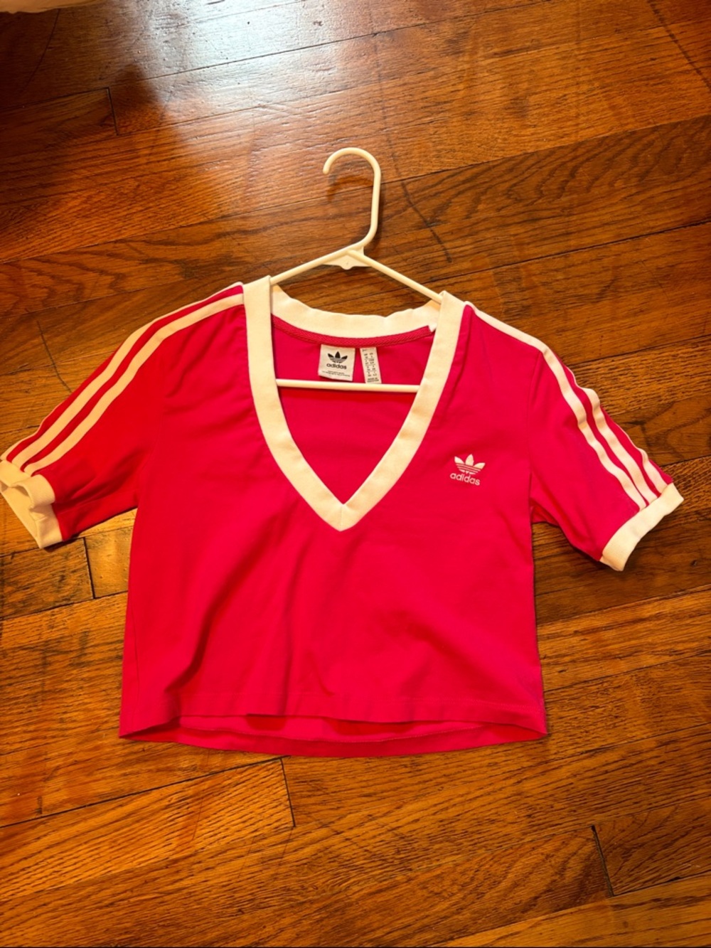 adidas Pink Short-Sleeve V-Neck Crop Top with White Trim